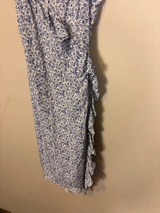 Madewell Blue & White Floral V Neck Wrap Dress with Ruffle Straps 6 - Picture 5 of 7